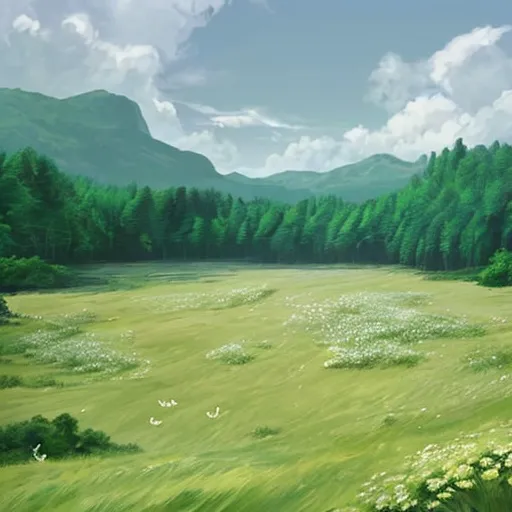 Prompt: Generate an image of a vast, wide field of hills and grass stretching out in front of the viewer. Small clumps of forests are scattered across the landscape, mostly shorter shrubs that don’t grow too tall. The lush green forests and dark green grassy plains practically merge into one another. In the scene, small white butterflies can be seen dancing in circles around little flowers on the grass, while groups of unnamed birds occasionally fly across the sky, emitting soft shrill cries.

a t-rex with longs arms, a rooster crown on its head, long tail, running across a green grassland, mountains in the background, forests in the distance