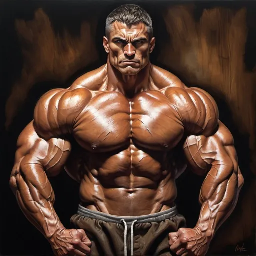 Prompt: Muscular giant lifting wooden stand with 'NITE' on shirt, realistic oil painting, intense expression, detailed muscles, dramatic lighting, dark and earthy tones, high quality, realistic, intense, dramatic lighting, detailed muscles, powerful, earthy colors, realistic oil painting, intense expression