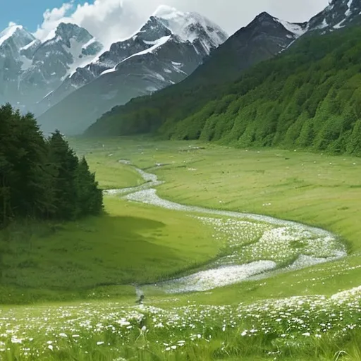 Prompt: Generate an image of a vast, wide field of hills and grass stretching out in front of the viewer. Small clumps of forests are scattered across the landscape, mostly shorter shrubs that don’t grow too tall. The lush green forests and dark green grassy plains practically merge into one another. In the scene, small white butterflies can be seen dancing in circles around little flowers on the grass, while groups of unnamed birds occasionally fly across the sky, emitting soft shrill cries.

Nearby, not far from a town, there is a little stream about three or four meters wide. This stream is the source of the famous Red River and is exceptionally clean, consisting of melted snowwater from the snowy peaks of mountains towering into the clouds in the distance.