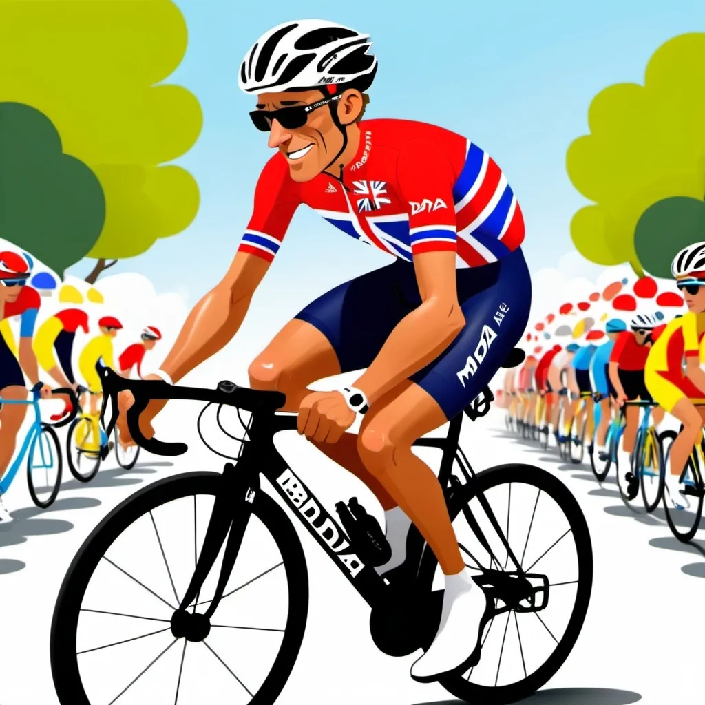 Prompt: Create a cartoon of a tanned British cyclist during Tour de France with a bike sponsored by MBDA