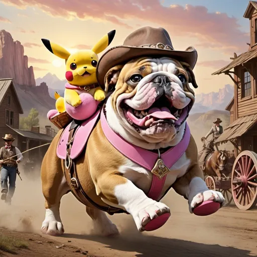 Prompt: A bulldog riding on a clydesdale horse. Lassoing a pikachu that is wearing pink crocs. The whole thing is set in front of an old west backdrop