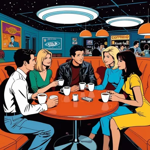 Prompt: Silk screen comic book illustration, The cast of friends drinking coffee at an intergalactic Central Perk, 1960s retro futurism