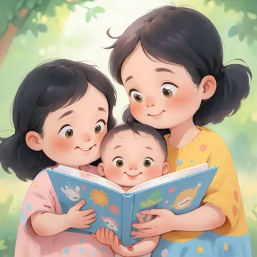 Prompt: child holding baby twins children cartoon picture books
