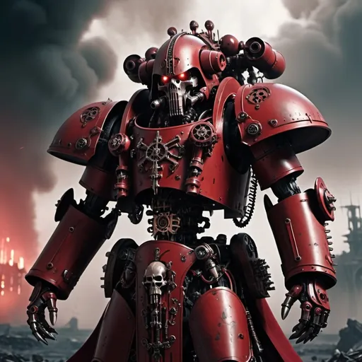 Prompt: tech priest adeptus mechanicus in a (futuristic, gothic, red) armor, standing resilient on a (grim) battlefield, dark smoke rising around, intricate mechanical components glinting in the faint light, with the chaos of war hinted in the background, (40k aesthetic), cinematic composition, high contrast, (4K) ultra-detailed rendering.