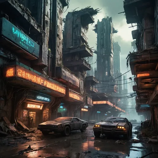 Prompt: In a world ravaged by post-apocalyptic events, where civilization has crumbled and nature has reclaimed its dominance, resilient tribes strive to survive amidst the chaos. Fungal rain descends from the ominous skies, nourishing the barren landscapes below. Amongst the ruins of the old world, futuristic cities rise, inhabited by those who harness technology to adapt and thrive. Flying cars zip through the neon-lit streets, casting shadows against the crumbling skyscrapers. In this cyberpunk dystopia, the boundary between man and machine blurs, as cybernetic enhancements become commonplace. Across vast desert expanses, nomadic tribes traverse the shifting sands, seeking refuge from the unforgiving elements. Welcome to a world where hope flickers amidst the darkness, and the future hangs in a delicate balance.