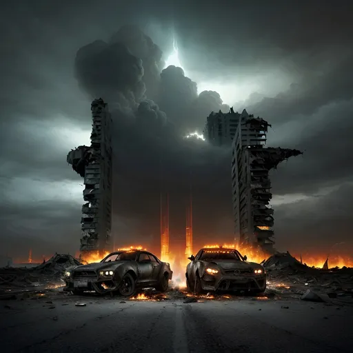 Prompt: In a dystopian world ravaged by chaos and destruction, circa 2060, two sleek and luxurious cars hurtle through the desolation. The once majestic skyscrapers now stand as shattered remnants of their former glory, half-collapsed and crumbling into oblivion. Flames rage fiercely, painting the sky with an ominous glow as billows of smoke obscure the horizon.

Against this apocalyptic backdrop, the two vehicles race with reckless abandon, their engines roaring like thunder amidst the cacophony of destruction. With immense speed and power, they launch themselves into the air, defying gravity as they soar over the wreckage below.

The force of their ascent sends shockwaves rippling through the crumbling cityscape, causing buildings to sway and tremble as if in fear of their impending collapse. Yet, amidst the chaos and devastation, the two cars press on, their drivers undeterred by the cataclysmic scene unfolding around them.

As they hurtle through the air, the burning skies serve as a haunting backdrop, casting an eerie glow over the surreal spectacle. In this surreal and nightmarish landscape, the two cars become symbols of defiance, their drivers navigating the ruins with a daring and determination that defies the despair that surrounds them.