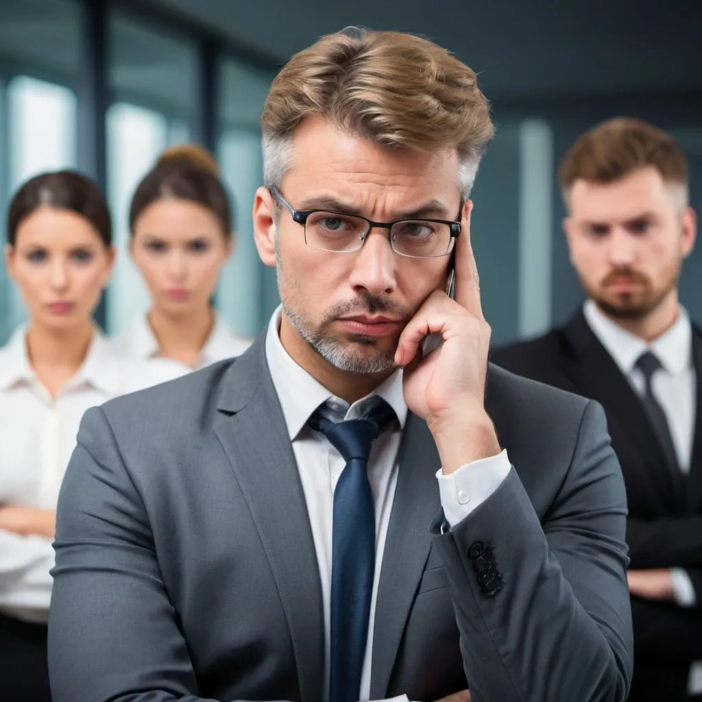 Prompt: Professional man manager having a deep thinking, with his team members in the background