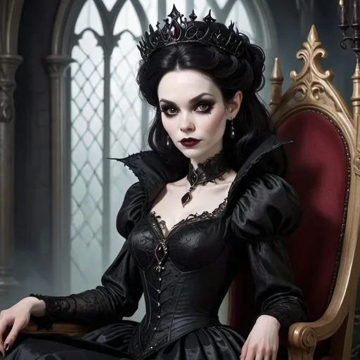 Prompt: pale skin and dark hair, gothic evil stepmother from classic fairy tales sitting on a throne. Age : 45