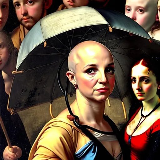 Prompt: Bald Britney Spears with umbrella in style of Renaissance painting 