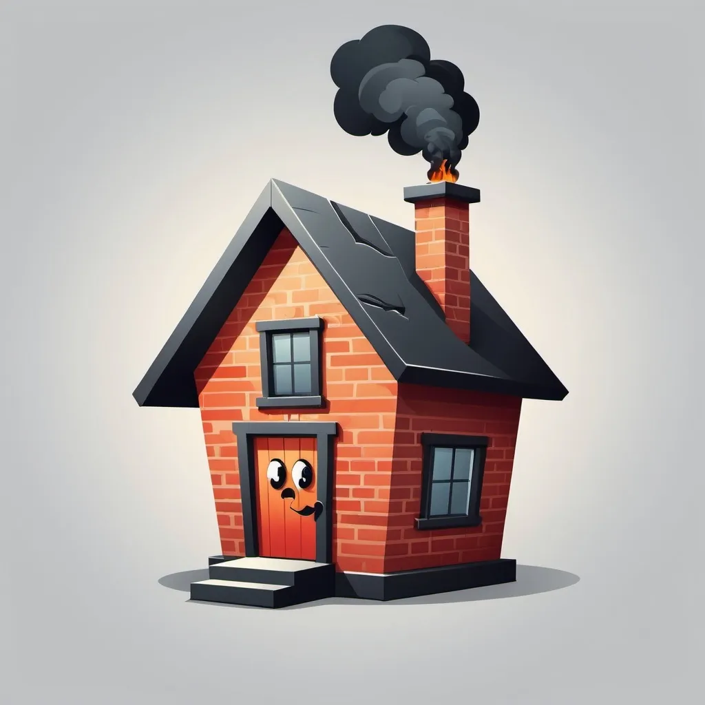 Prompt: A stylized vector icon (((house mascot))), with sad gloomy  face and smoking chimney