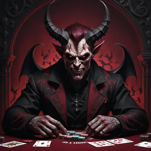 Prompt: gambling personified as a demon realistic with a dark red and black themed gothic background