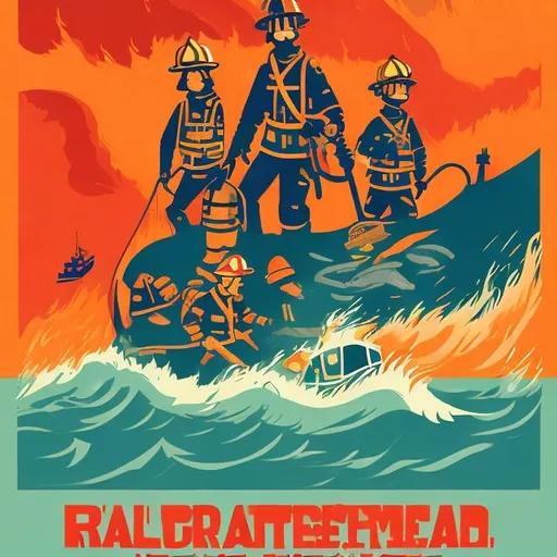 Prompt: Design a real life poster showcasing a firefighter's heroic acts: rescuing at sea, on land, and extinguishing fires. Use vibrant colors, bold typography, and impactful imagery to convey their bravery, dedication, and versatility. Inspire admiration for these everyday heroes.