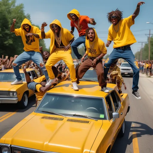 Prompt: A bunch of loud mouth hoodlum's dancing on top of cars while a car is doing a doughnut in the road. This is a rally and everyone is a dark brown skin. They wear torn clothes, gold chains and fangs. They're all wearing "BBL" on their shirt and their gang colors are Goldenrod Yellow.  