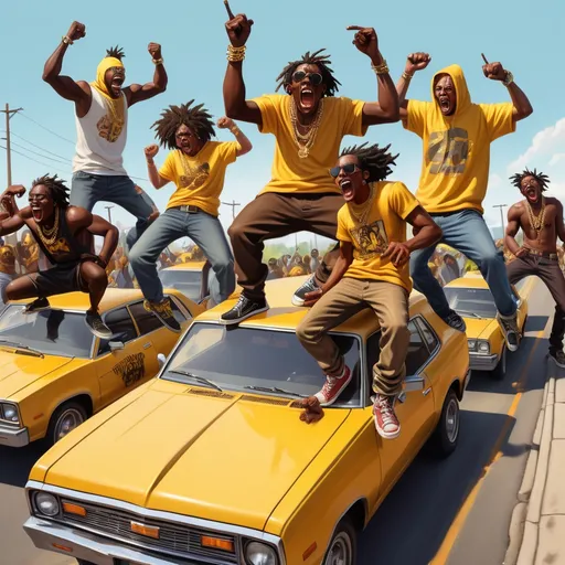 Prompt: A bunch of loud mouth hoodlum's dancing on top of cars while a car is doing a doughnut in the road. This is a rally and everyone is a dark brown skin. They wear torn clothes, gold chains and fangs. They're all wearing "BBL" on their shirt and their gang colors are Goldenrod Yellow.  