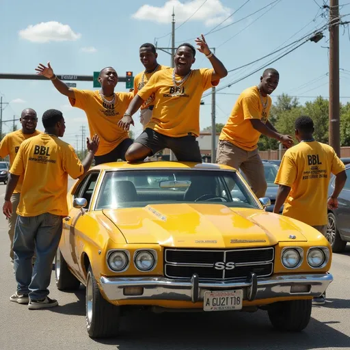 Prompt: A bunch of loud mouth hoodlum's dancing on top of cars while a car is doing a doughnut in the road. This is a rally and everyone is a dark brown skin. They wear torn clothes, gold chains and fangs. They're all wearing "BBL" on their shirt and their gang colors are Goldenrod Yellow.  BBL is everywhere words are and everyone is a scary gang member. Put a lot of guns and gold trinkets of value. Diamonds too.  There are police chasing after them and there is a helicopter. 