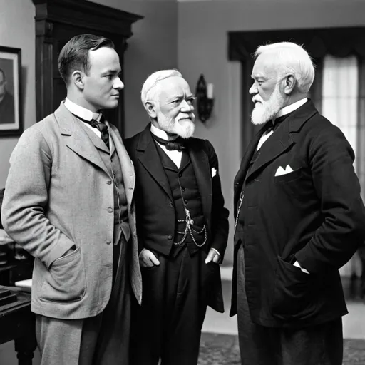 Prompt: Napoleon Hill and Andrew Carnegie are standing opposite each other in a house and talking. Napoleon Hill has his hand in his pocket.