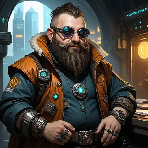 Prompt: A young Cyberpunk jewish kabbalist mage dwarf in the shadowrun universe with aviators