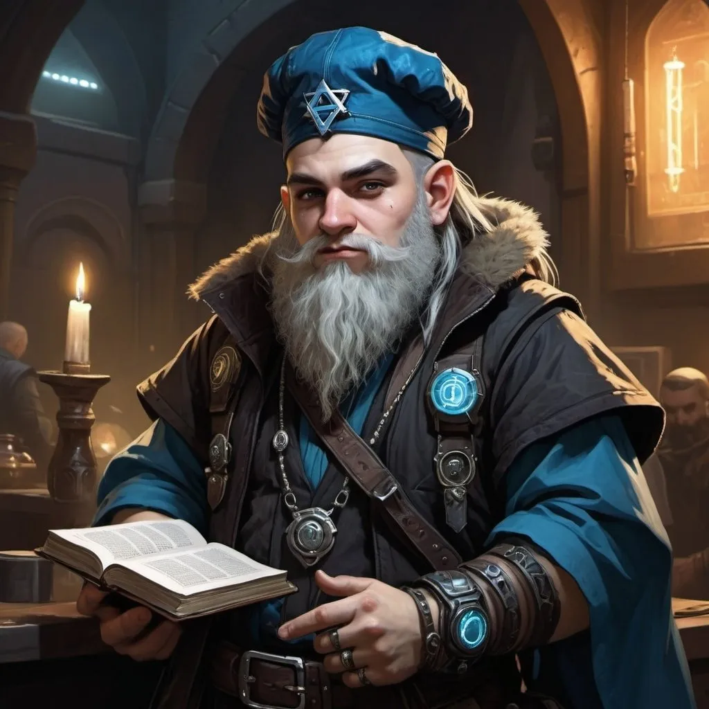 Prompt: A young conservative dressed jewish kabbalist mage dwarf in the shadowrun universe 
