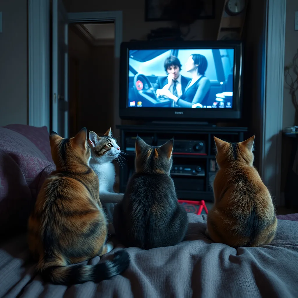 Prompt: 3 LOCC OUT CAT WATCHING MOVIES WITH AN ANDRIOD TV BOX IN A VERY NICE GHETTO HOUSE. THE CATS ARE GANG MENBERS