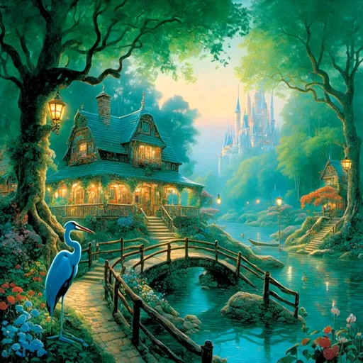 Prompt: <mymodel>thomas kinkade, forest, mystical, disney style animals, magical, godrays, masterful paint strokes, intricate detail