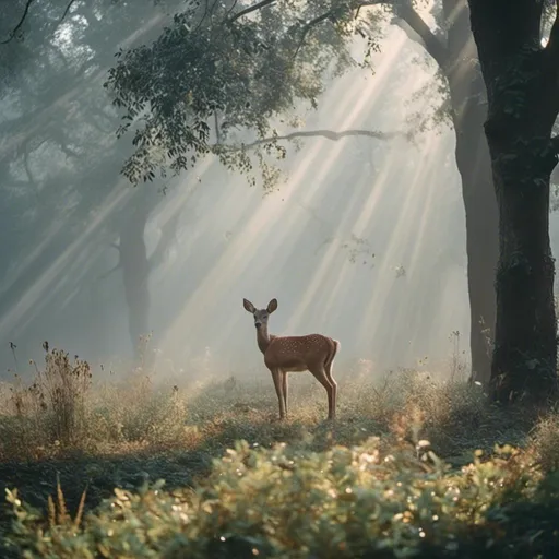 Prompt: <mymodel> natural glow, god rays, a beautiful forest, morning dew, mist, rays shinning in the mist, a doe standing, eating from shrub, the ground has spots of tall grass, short grass, and dirt