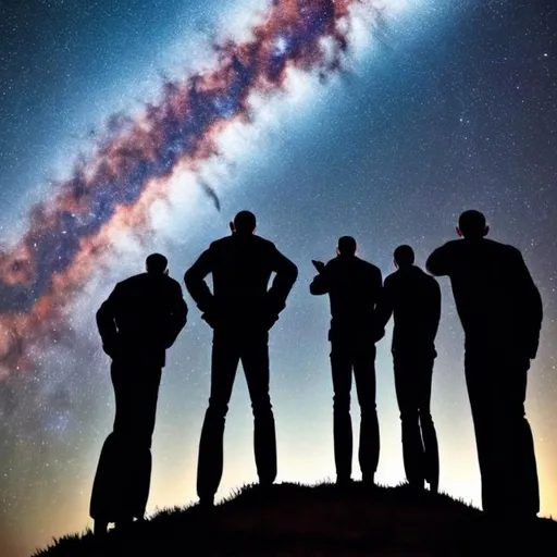 Prompt: 5 men on top of a hill staring up at the stars. 1 of them is pointing upward