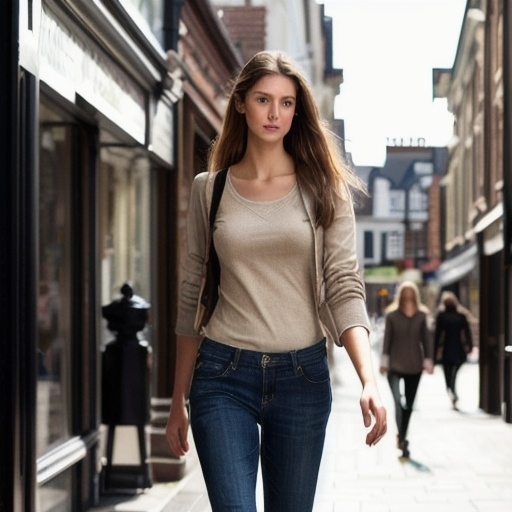 Prompt: Tall young woman walking down the high street, detailed clothing, realistic, natural lighting