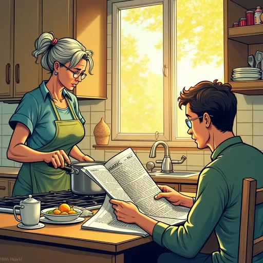 Prompt: A newspaper comic image of jaded middle aged couple in the kitchen at breakfast time, her at the stove him at the table with the newspaper both ignoring each each other, he is labelled LIBS she is labelled NP