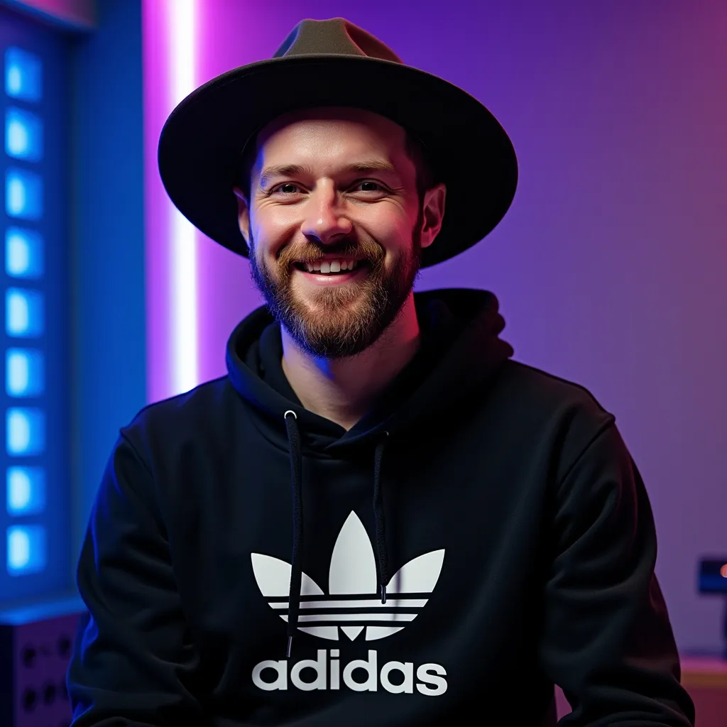 Prompt: A  man wearing a  hat and a black hoodie with a white logo on it is smiling for the camera. He appears to be happy and content in his attire. The photo is taken indoors, at an audio recording studio with blue and purple LED light studio