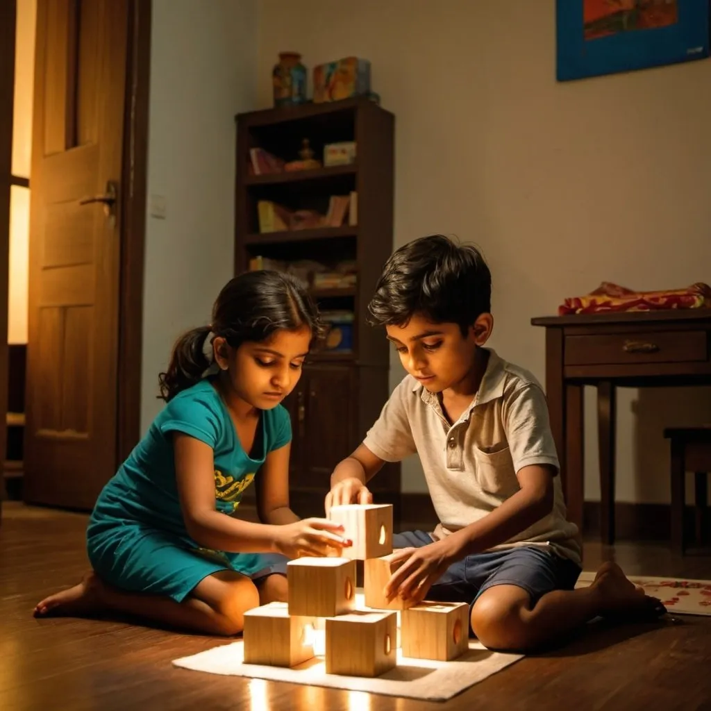 Prompt: a 7 year old Indian  boy and a 5 year Indian girl sitting down and making house using square wooden blocks , in a room which is lightly lit up.