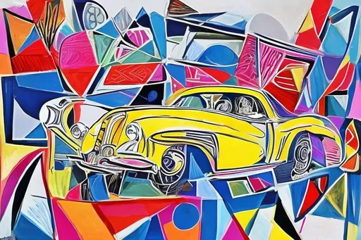 Prompt: A picture of a car in the style of Picasso using bold bright colours and thick lines.