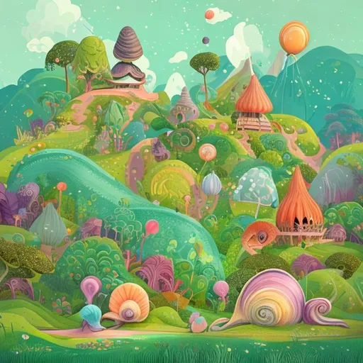 Prompt: Create a whimsical illustration featuring a snail with a shell transformed into a vibrant, fantasy island with luscious green grass and trees and a wooden cabin 