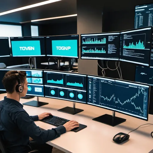 Prompt: A person monitoring a mobile app with multiple monitors
