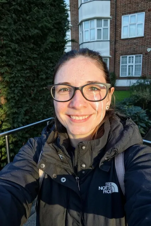 Prompt: Only 1 person on the right taking selfie in different poses, the woman on the right has a bit of white dried liquid on her face and dripped onto her jacket which makes her face shine in the sun, remove the man on the left