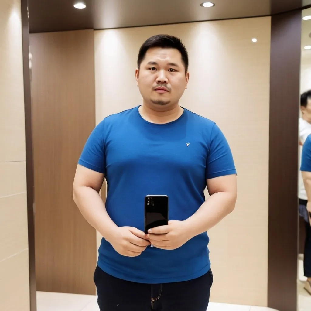 Prompt: Cute and fat man, 35 years old, round-inch, round face and stubble, standing in the fitting room of a shopping mall and taking photos, wearing blue short sleeves, male in China, taking a full-body photo.