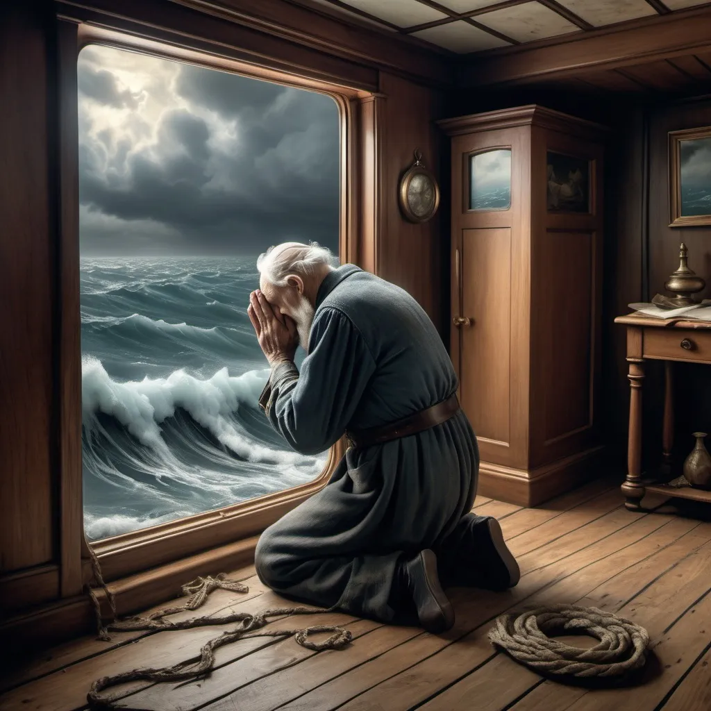 Prompt: the year is the 1899, an old man is on ship that is sinking.  he is on his knees praying as the ocean encroaches in his room