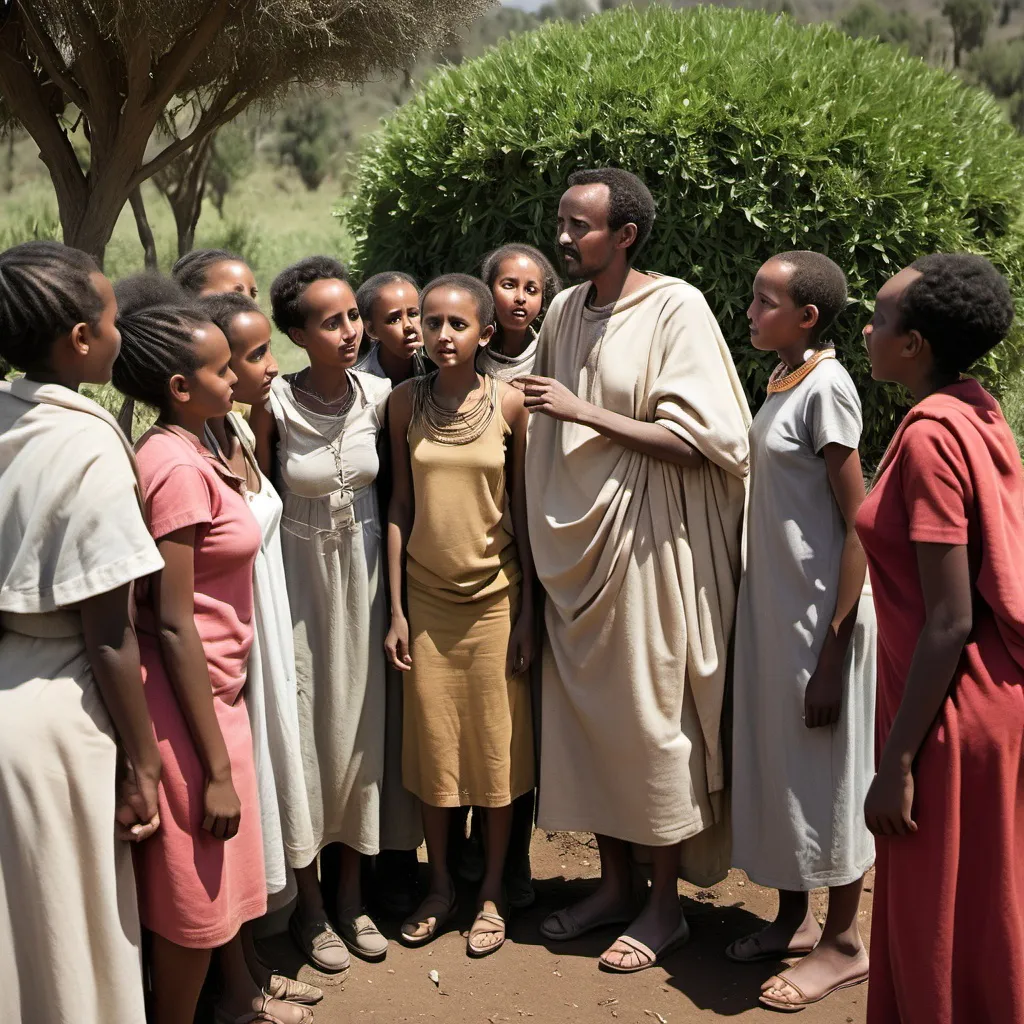 Prompt: a council of ethiopian women are in a circle talking as a tall ethiopian male hides behind a bush listening to their conversation.  the women are of varying ages but there is an elderly woman leading the conversation.  a young girl stands behind the male watching him listen to the women. its is the year 200 AD and none of the women notice the man except the young girl
