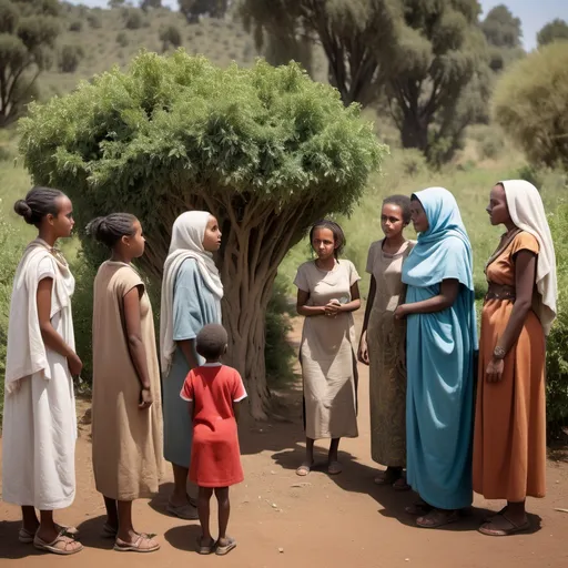 Prompt: a council of ethiopian women are in a circle talking as a tall ethiopian male hides behind a bush listening to their conversation.  the women are of varying ages but there is an elderly woman leading the conversation.  a young girl stands behind the male watching him listen to the women. its is the year 200 AD and none of the women notice the man except the young girl