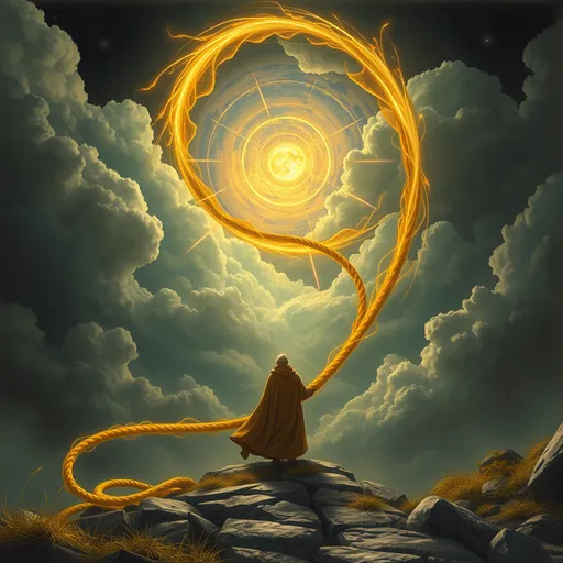 Prompt: The long golden cord wraps around Promere, the Watcher and the skies open up from the darkness and shows a scene in the past