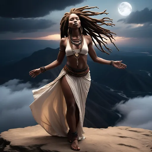 Prompt: the woman with african features long hair done in dreads is standing upon the cliff of a mountain where darkness hangs in the skies with only a glimmer of light shining upon her.  Use original image