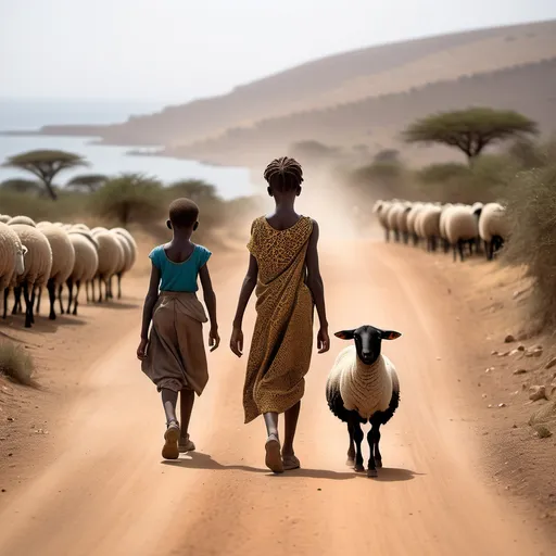 Prompt: A 12 year old african girl is walking on a dusty road facing the sea.  she is accompanied by a 16 year old african girl who is herding sheep as they walk across the hill sides