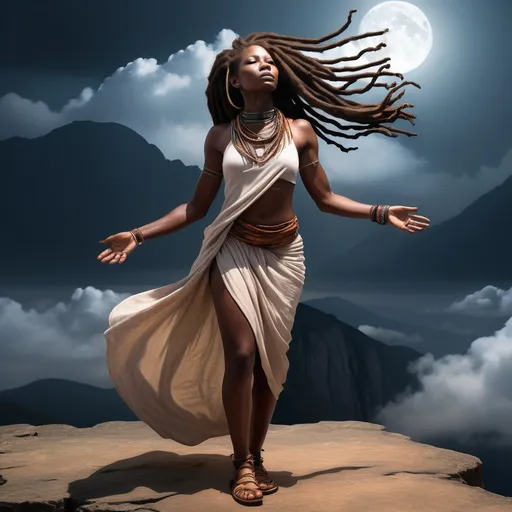 Prompt: the woman with african features long hair done in dreads is standing upon the cliff of a mountain where darkness hangs in the skies with only a glimmer of light shining upon her.  Use original image