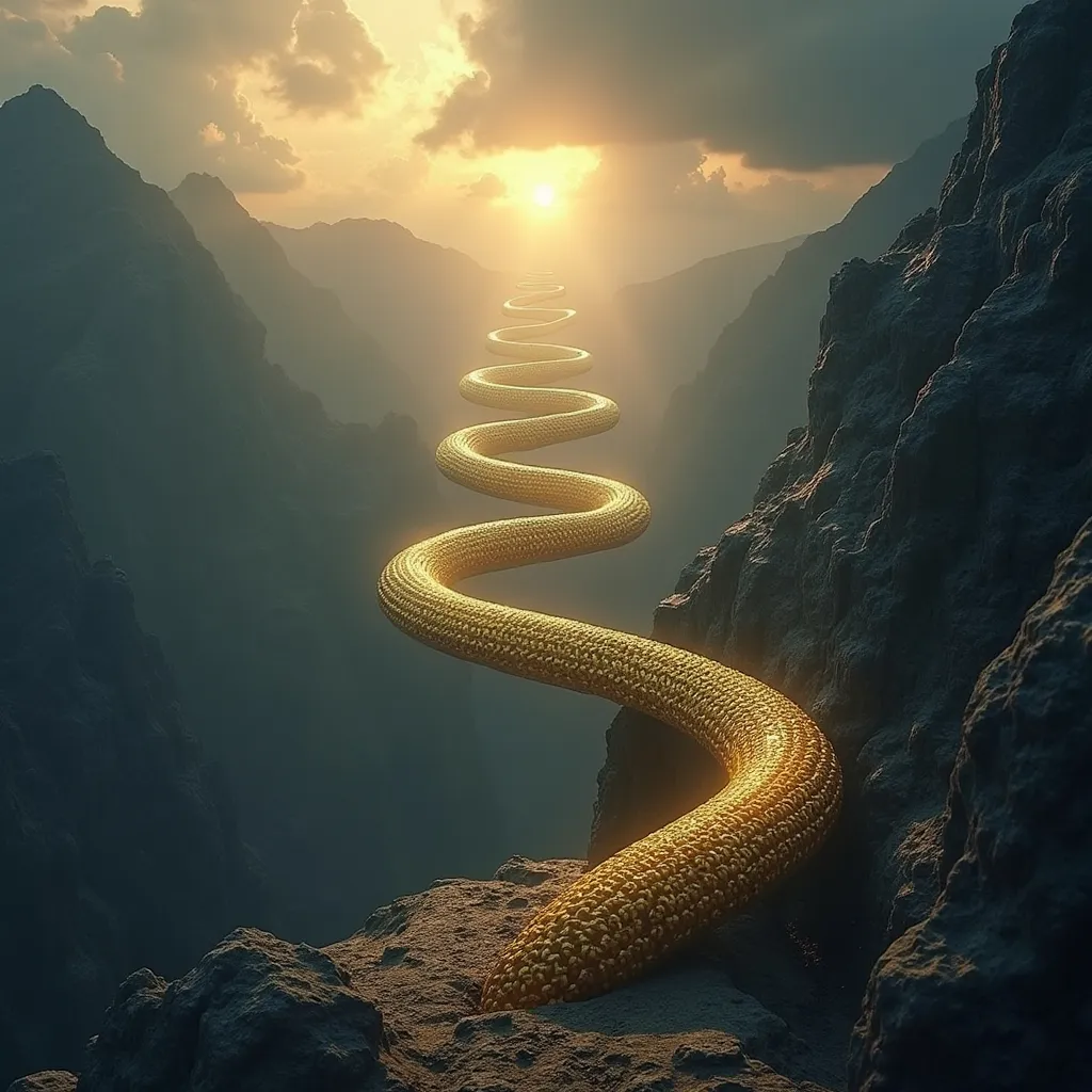 Prompt: A gold cord spiral towards the dark mountain ledge and showed a moment in time where men were being taught how to create weapons of war.  The cord shows the skies opening up revealing men of time before AD, making weapons of war