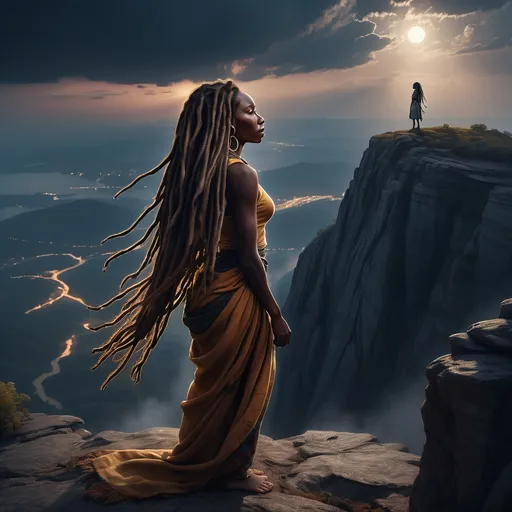 Prompt: the woman with african features long hair done in dreads is standing upon the cliff of a mountain where darkness hangs in the skies with only a glimmer of light shining upon her