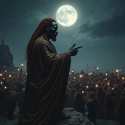 Prompt: 200 Watchers stand upon a high mountain, the lead Watcher is black in color, African.  dark brown with long reddish brown dreaded hair.  he is very tall and stands with authority speaking with the masses of the other Watchers, he points his finger at them as the dark night skies shows the beams of moonlight upon him