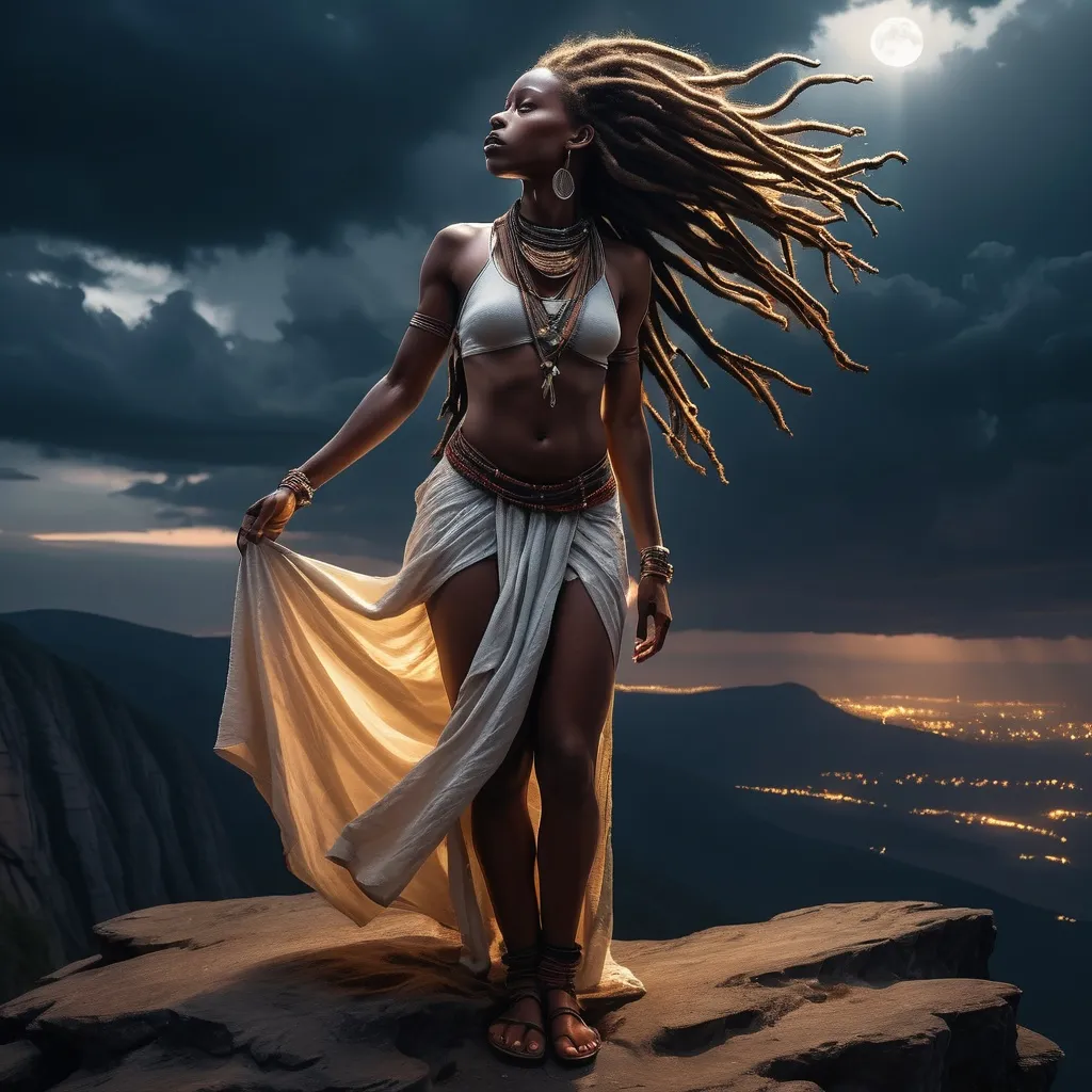 Prompt: the woman with african features long hair done in dreads is standing upon the cliff of a mountain where darkness hangs in the skies with only a glimmer of light shining upon her