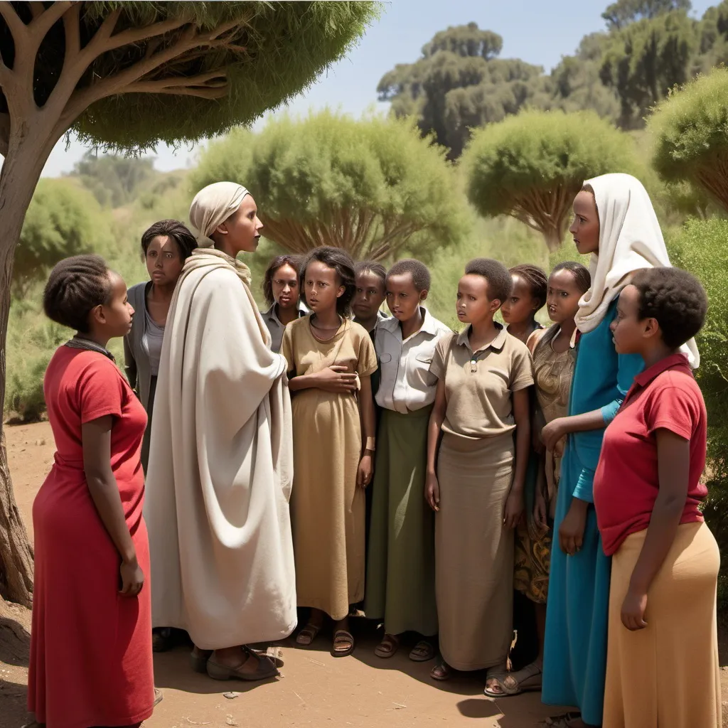 Prompt: a council of ethiopian women are in a circle talking as a tall ethiopian male hides behind a bush listening to their conversation.  the women are of varying ages but there is an elderly woman leading the conversation.  a young girl stands behind the male watching him listen to the women. its is the year 200 AD and none of the women notice the man except the young girl