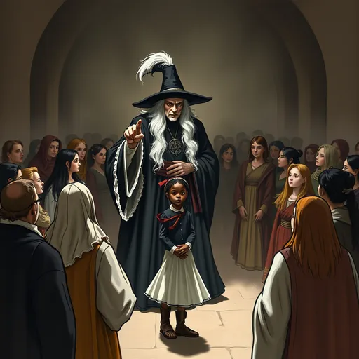 Prompt: The year is 1710, a crowd of people stand in circle listening to a man standing in the mist of them, he wears all black robe with a huge white collar, a large black hat with white hair flowing beneath the hat.  his pale white face is enraged as he points a pointy finger at a dark complexion female child who stands in the middle of the crowd