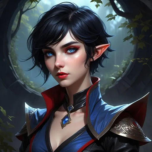 Prompt: (DnD character design: doppelganger), ethereal beauty, (sharp elf-like features) (red and black pupils), short (Blue/black hair) stylishly pushed to the side, elegant attire reflecting otherworldly charm, dark leather clothing, surrounded by a wildernis background, (highly detailed), captivating aura, (dramatic lighting) authoritarian.
