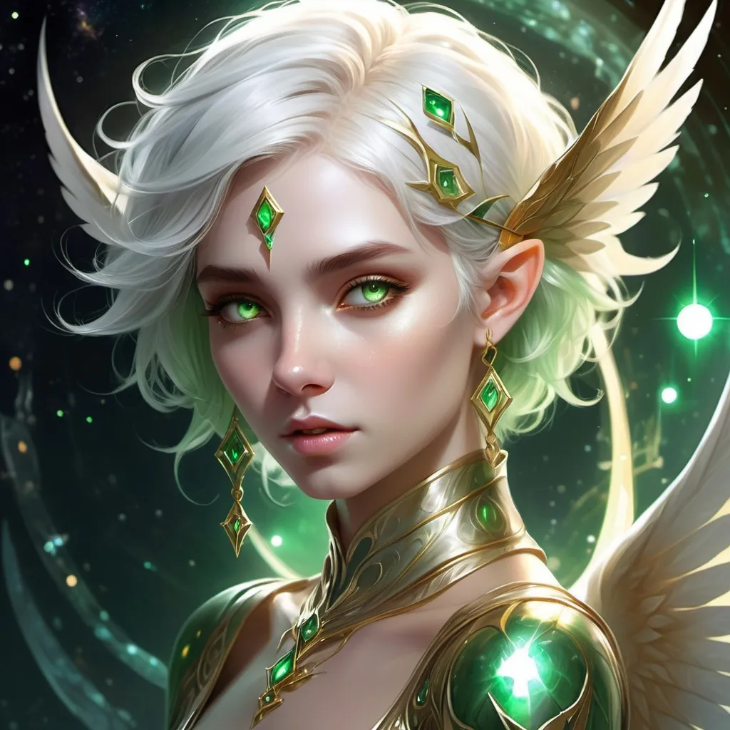 Prompt: (DnD character design: female half-angel from astral plane), ethereal beauty, (sharp elf-like features), piercing (green and gold pupils), short (white/silvery hair) stylishly pushed to the side, elegant attire reflecting otherworldly charm, cosmic symbols adorning clothing, surrounded by a softly glowing cosmic background, (highly detailed), captivating aura, (dramatic lighting) emphasizing the celestial theme and gracefulness.